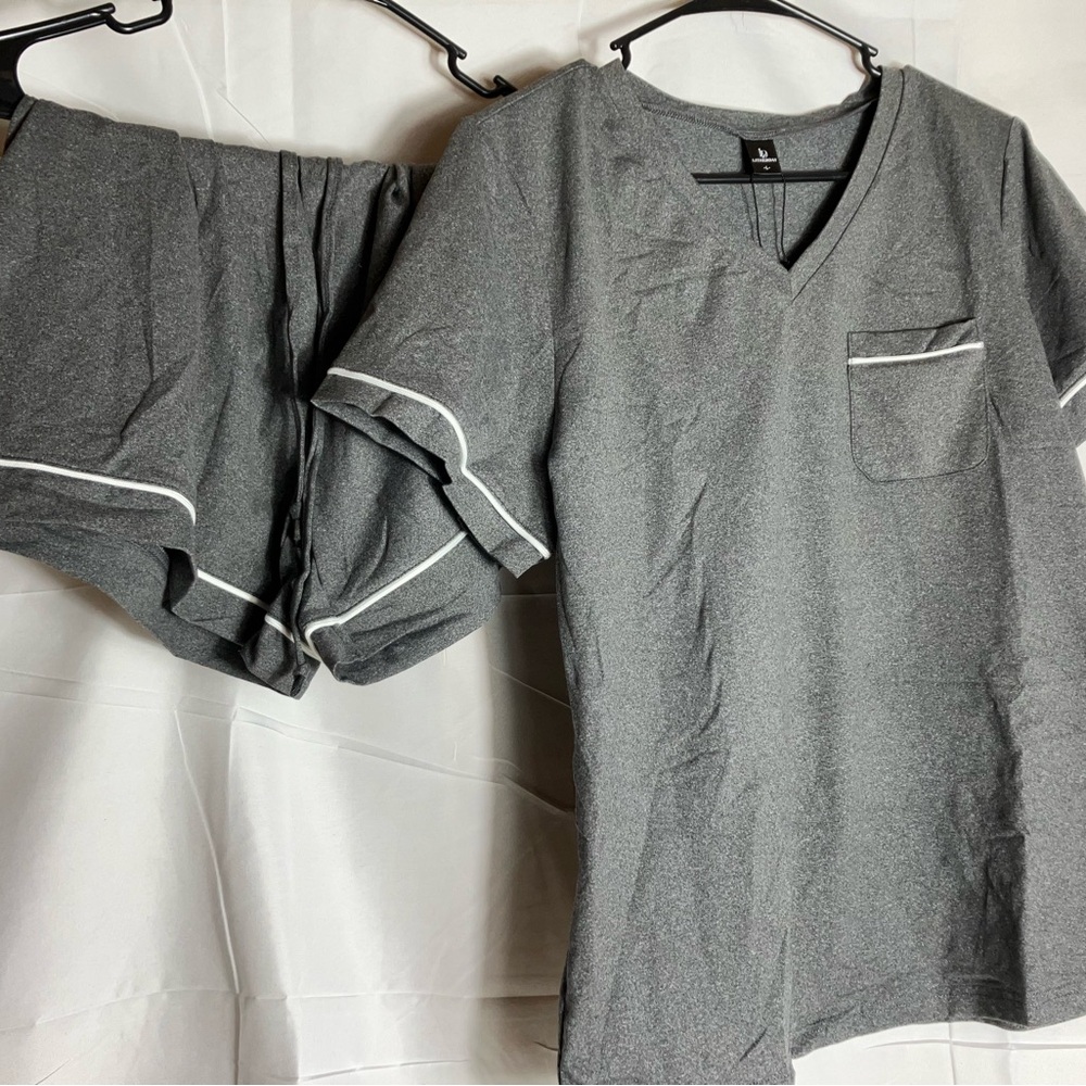 Gray V-Neck Pajama Set with White Trim